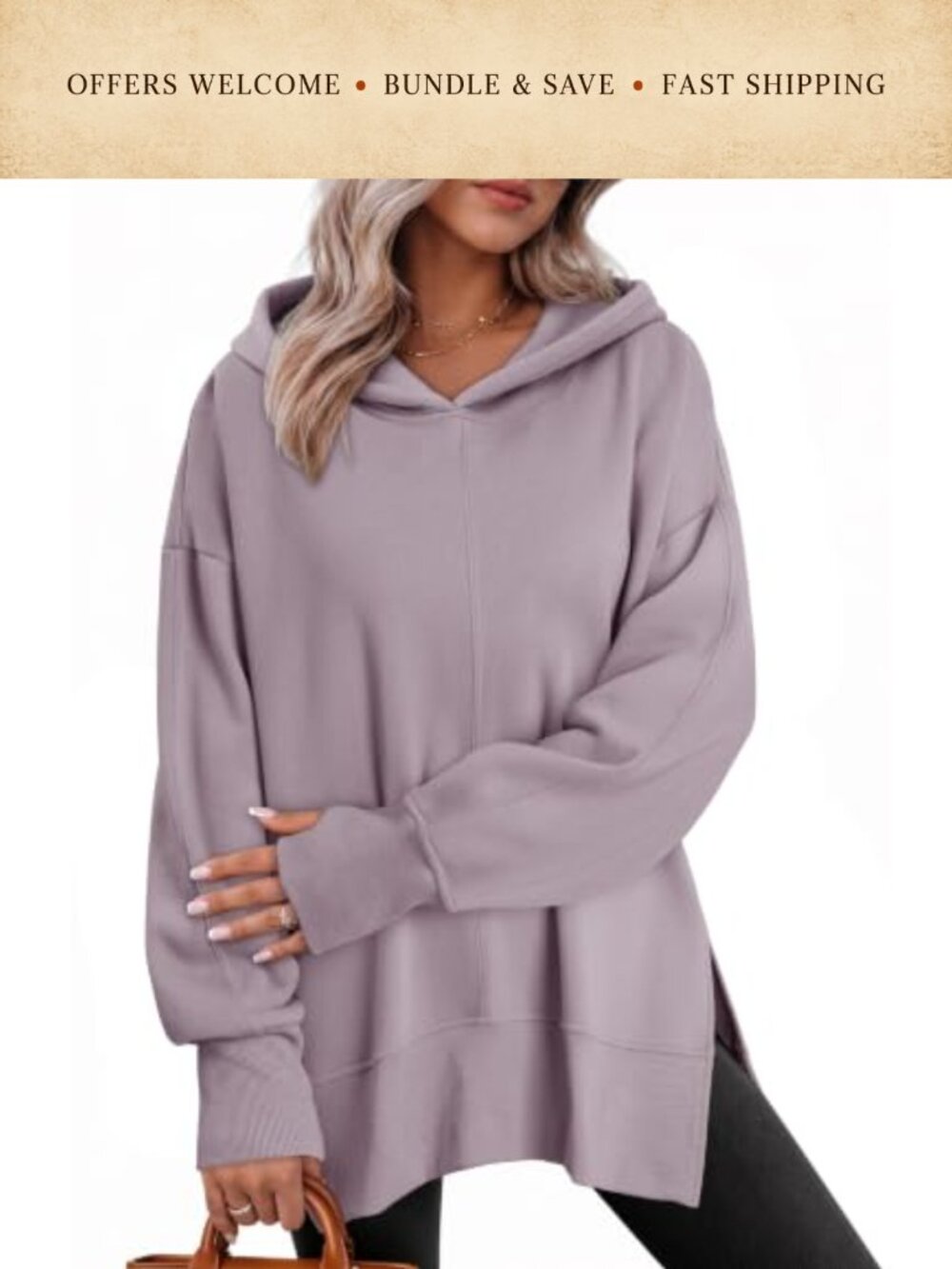 Oversized Side Slit Pullover Hoodie with Thumbhole Cuffs Cotton Poly Blend